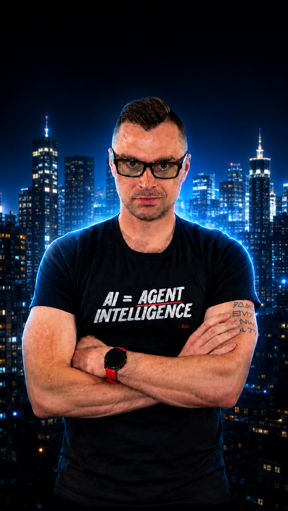 A man with glasses stands confidently in front of a city skyline at night, wearing a black t-shirt that reads 'AI = AGENT INTELLIGENCE' and has his arms crossed.